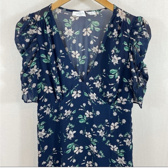 All in Favor Ruched Sleeve Deep V Floral Midi Dress - Picture 3 of 7
